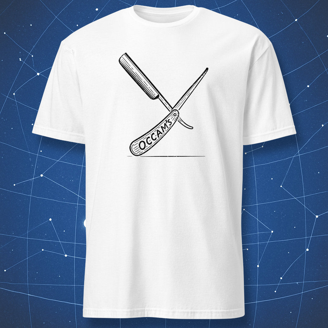 Occam’s Razor T-shirt – black line razor illustration labeled ‘Occam’s,’ minimalist philosophy-inspired design on white shirt.