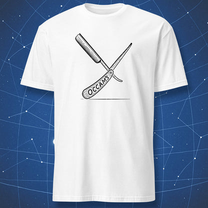 Occam’s Razor T-shirt – black line razor illustration labeled ‘Occam’s,’ minimalist philosophy-inspired design on white shirt.