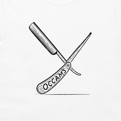 A black line art graphic of two crossed grooming tools, one straight razor and one comb, with the word 'OCCAMS' printed on the razor handle, centered on a white background.