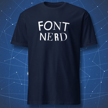 Navy blue t-shirt with 'FONT NERD' text on a blue geometric patterned background