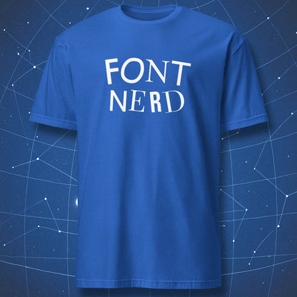 Blue t-shirt with 'FONT NERD' text on a blue geometric background