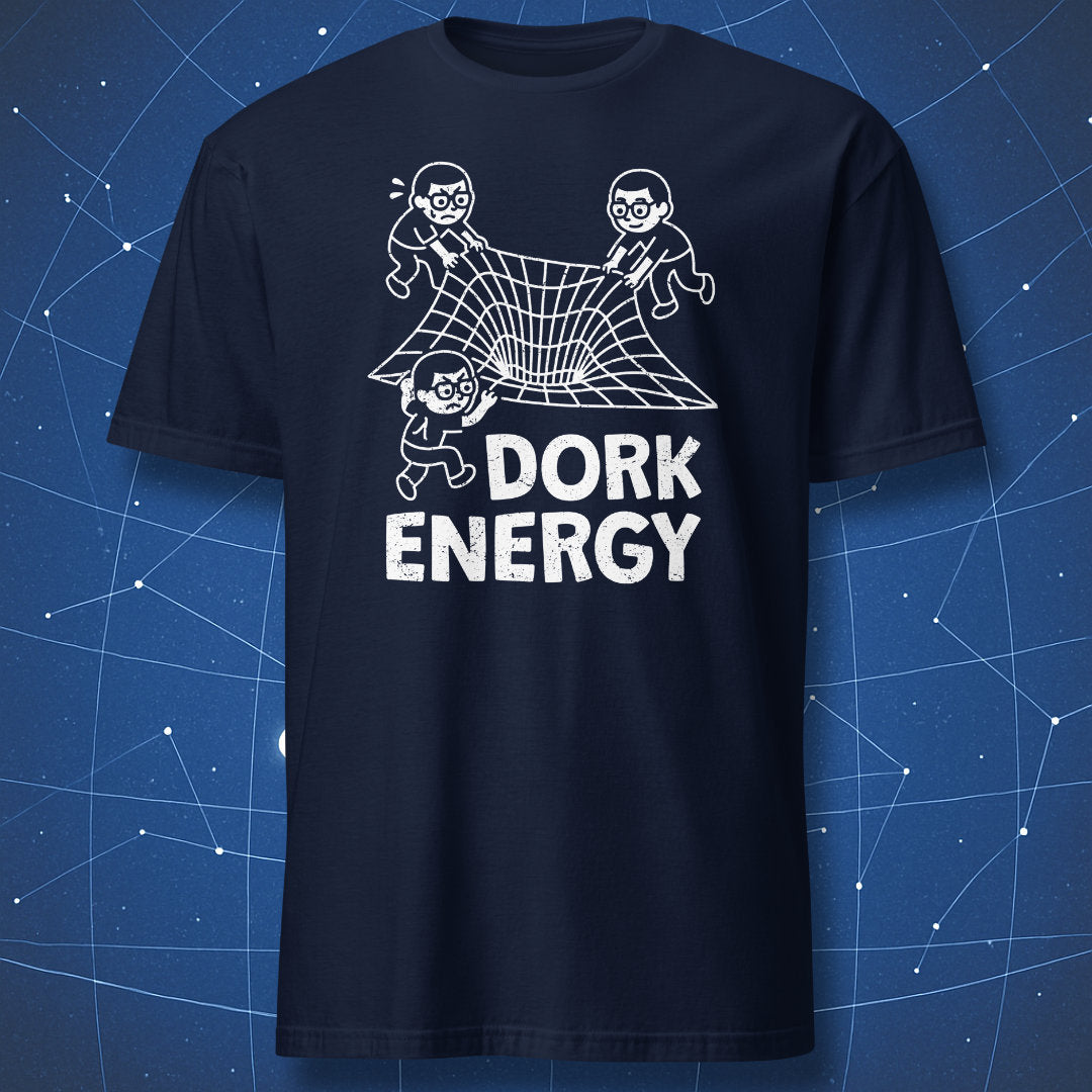 Dork Energy T-shirt – humorous science illustration of nerds pulling on a grid of space, white print on navy blue shirt.