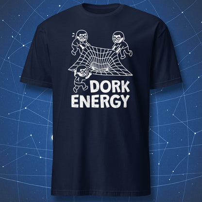 Dork Energy T-shirt – humorous science illustration of nerds pulling on a grid of space, white print on navy blue shirt.