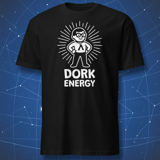 Dork Energy T-shirt – funny science humor design with a heroic cartoon nerd radiating lines of energy, white print on black shirt.