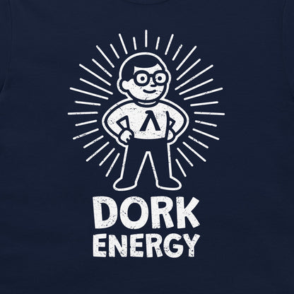 A close-up of a navy blue t-shirt featuring a white distressed graphic of a cartoon character with glasses and a Lambda symbol on the chest, surrounded by radiating lines, with the text 'DORK ENERGY' printed below.