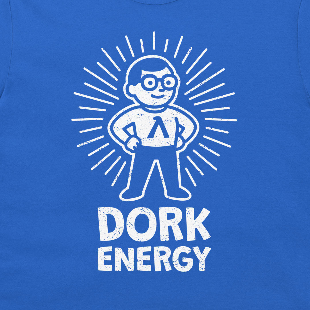 A close-up of a blue T-shirt featuring a white distressed graphic of a cartoon character with glasses and a Lambda symbol on the chest, with the text 'DORK ENERGY' printed below.