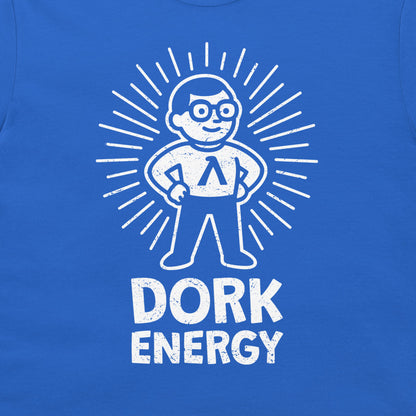 A close-up of a blue T-shirt featuring a white distressed graphic of a cartoon character with glasses and a Lambda symbol on the chest, with the text 'DORK ENERGY' printed below.