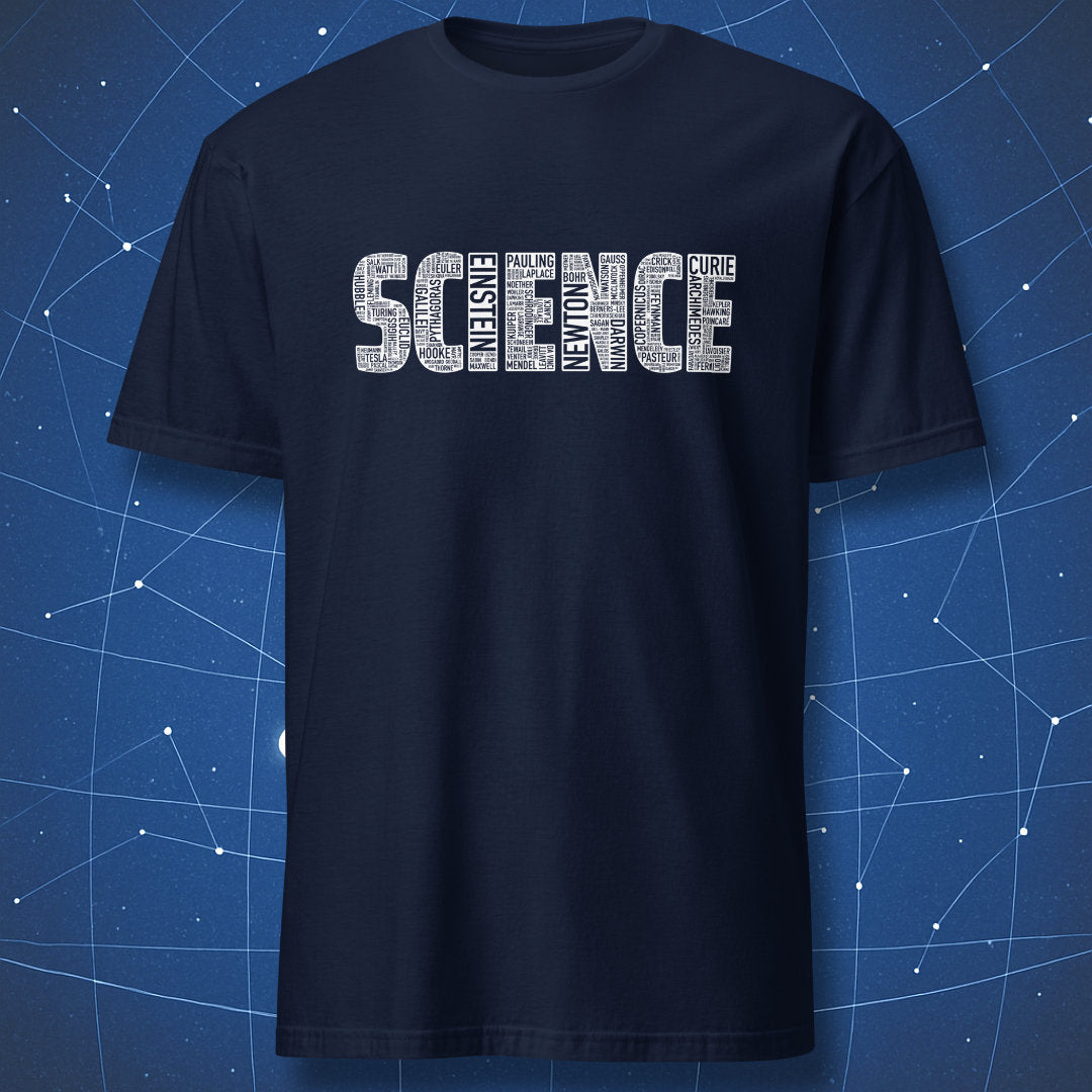 White word “SCIENCE” composed of many famous scientist names, printed on navy t-shirt.