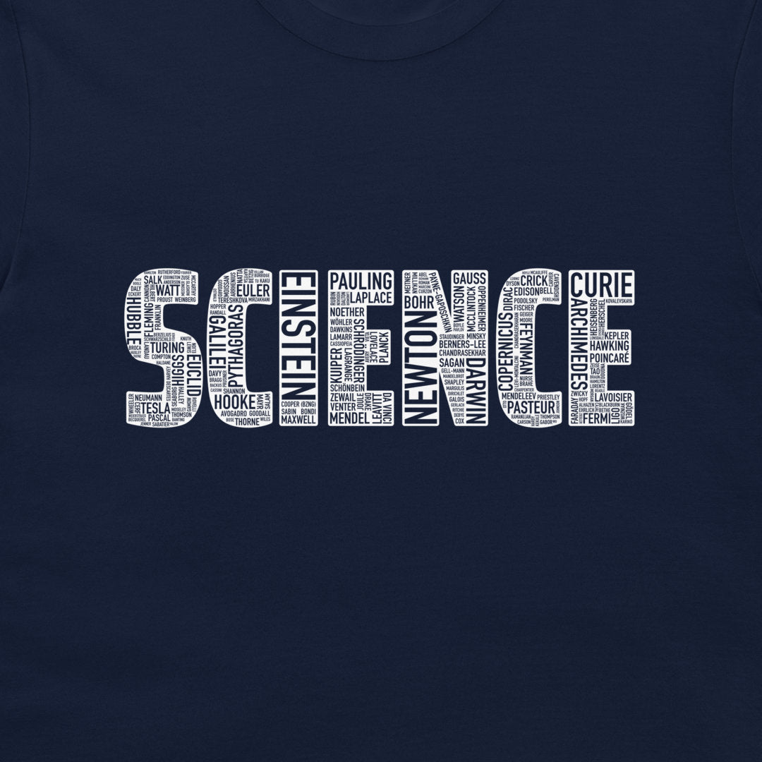 A close-up of a navy blue t-shirt featuring a white graphic print that spells 'SCIENCE' using the names of famous scientists in a typographic word cloud style.
