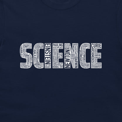 A close-up of a navy blue t-shirt featuring a white graphic print that spells 'SCIENCE' using the names of famous scientists in a typographic word cloud style.