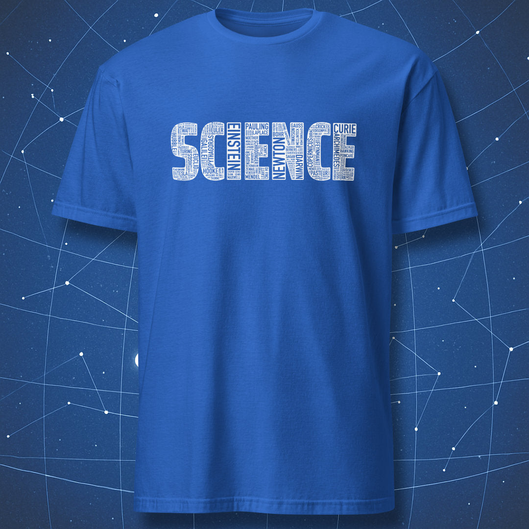 White typographic collage of scientist names forming “SCIENCE” on royal blue shirt.