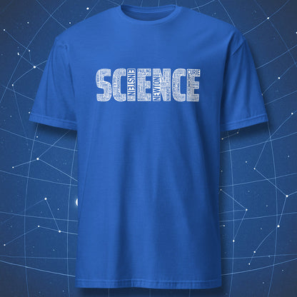 White typographic collage of scientist names forming “SCIENCE” on royal blue shirt.