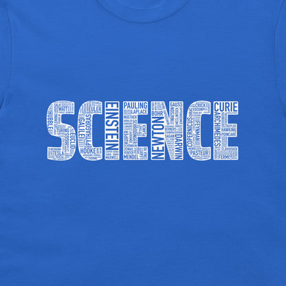 A close-up of a royal blue t-shirt featuring a white graphic print that spells 'SCIENCE' using various names of famous scientists in small text.