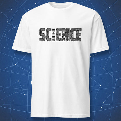 Black typographic collage of scientist names forming “SCIENCE” on white shirt.
