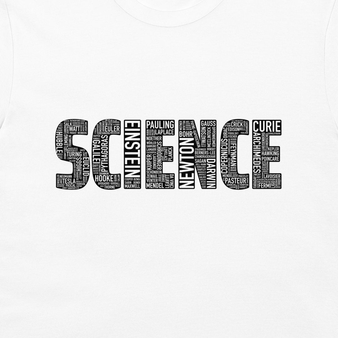 A white long-sleeve t-shirt featuring a black graphic print on the front. The graphic spells 'SCIENCE' in large block letters, where each letter is filled with a dense word cloud of famous scientists and thinkers (such as Einstein, Curie, Newton, and Darwin).