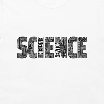A white long-sleeve t-shirt featuring a black graphic print on the front. The graphic spells 'SCIENCE' in large block letters, where each letter is filled with a dense word cloud of famous scientists and thinkers (such as Einstein, Curie, Newton, and Darwin).