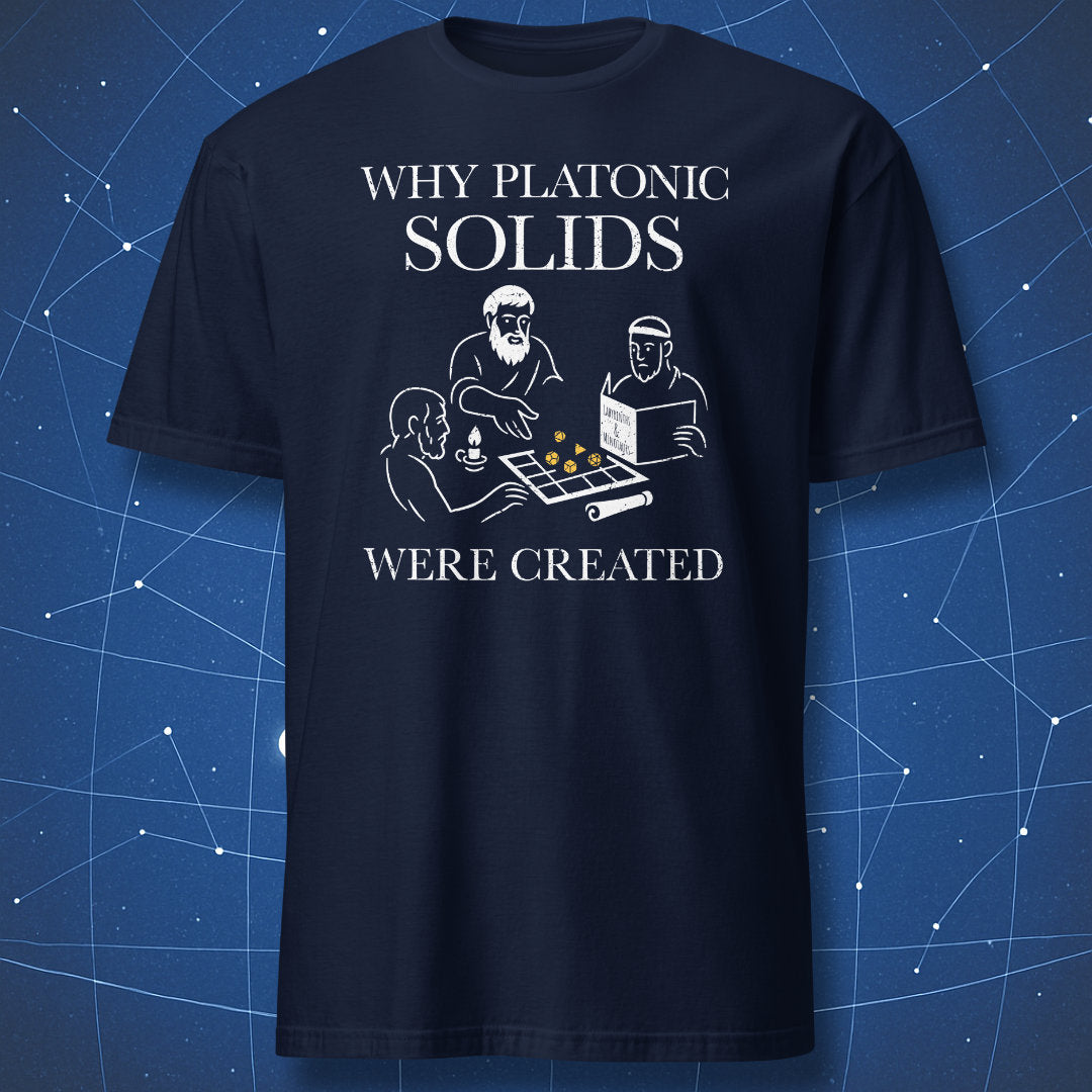 Funny philosophy T-shirt – Plato and friends invent geometry while gaming, white print on navy blue shirt.