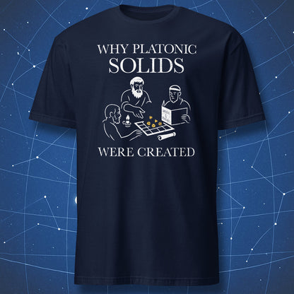 Funny philosophy T-shirt – Plato and friends invent geometry while gaming, white print on navy blue shirt.
