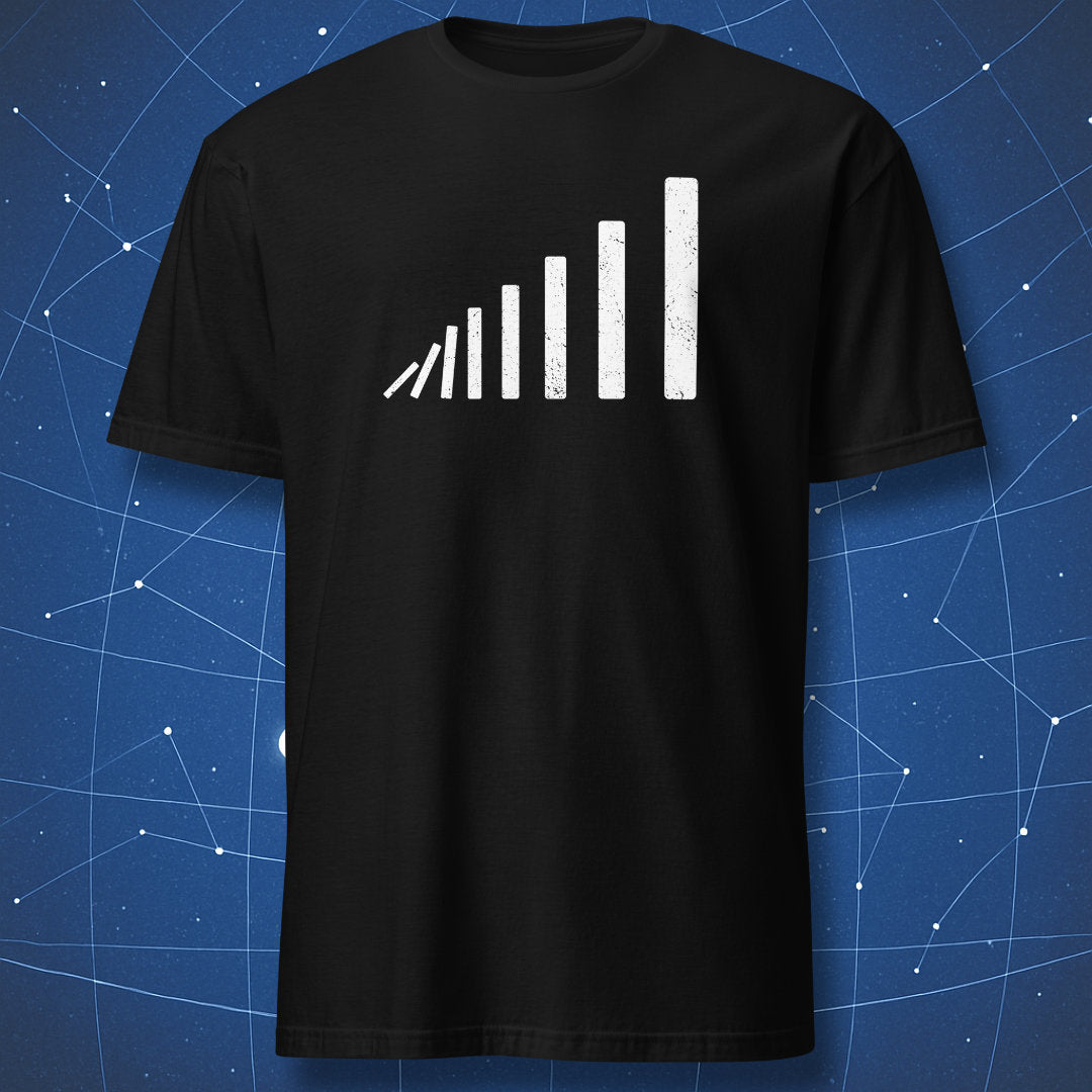 Minimal domino effect T-shirt – white falling domino sequence in perspective, clean geometric design on black shirt.