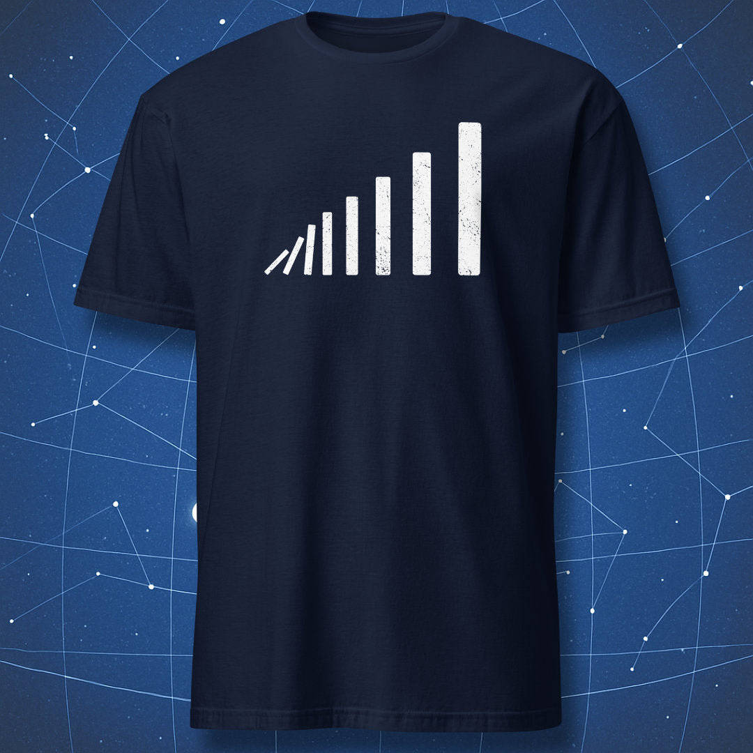 Domino effect perspective T-shirt – white minimalist domino bars forming depth illusion, printed on navy shirt.