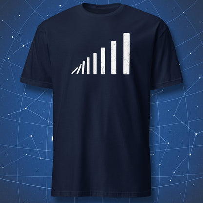 Domino effect perspective T-shirt – white minimalist domino bars forming depth illusion, printed on navy shirt.