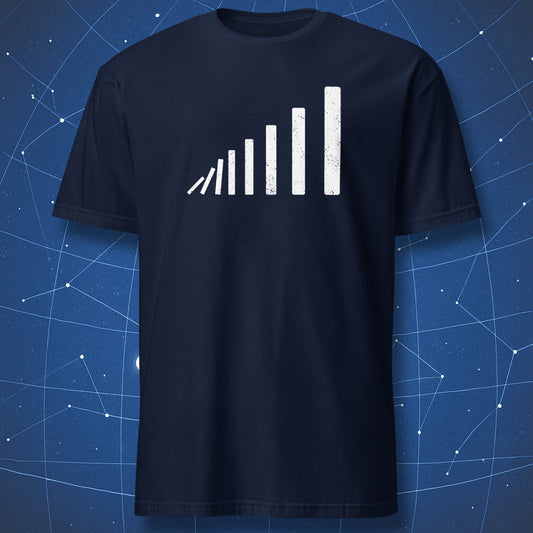 Domino effect perspective T-shirt – white minimalist domino bars forming depth illusion, printed on navy shirt.