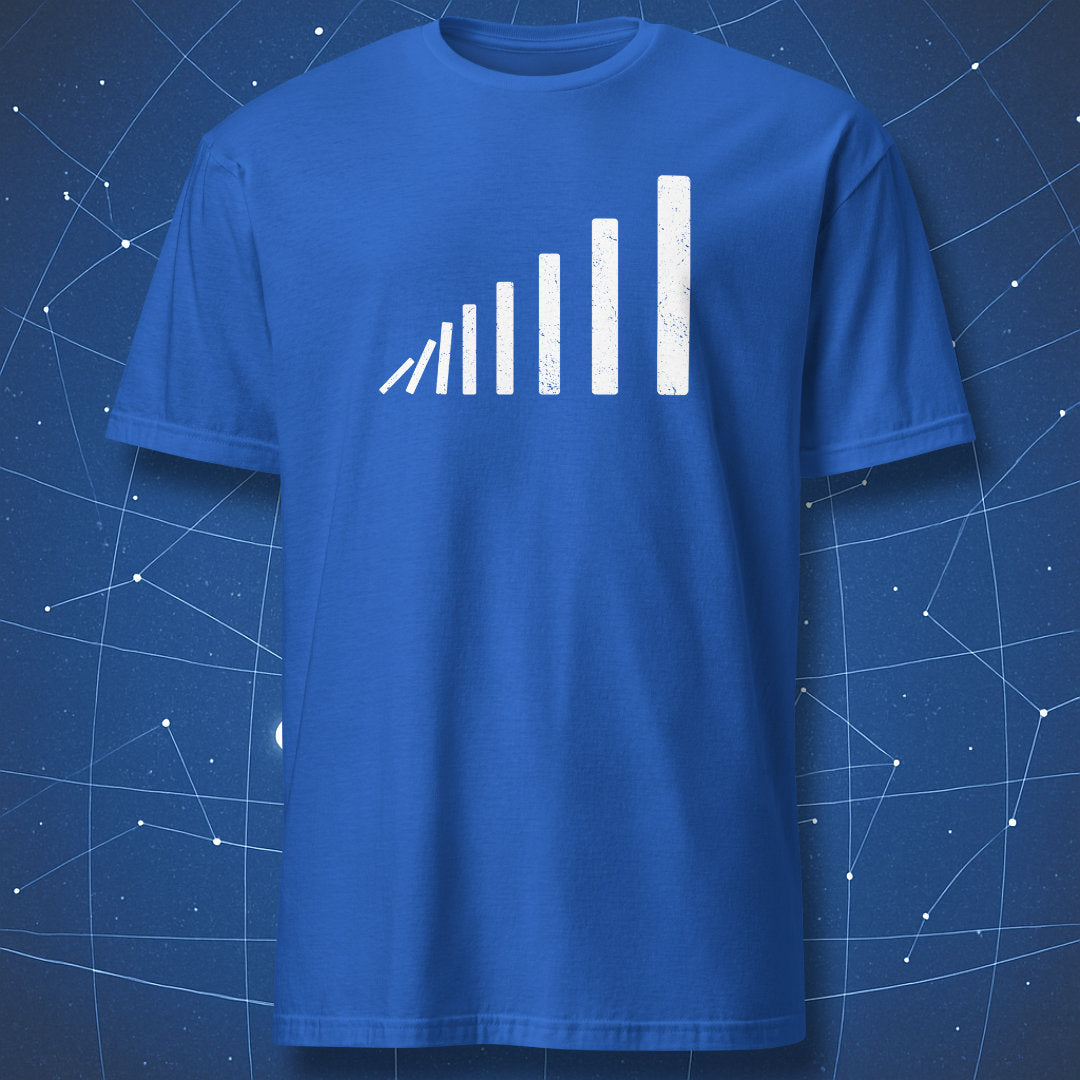 Minimal physics-inspired T-shirt – domino sequence in perspective, white print on royal blue shirt.