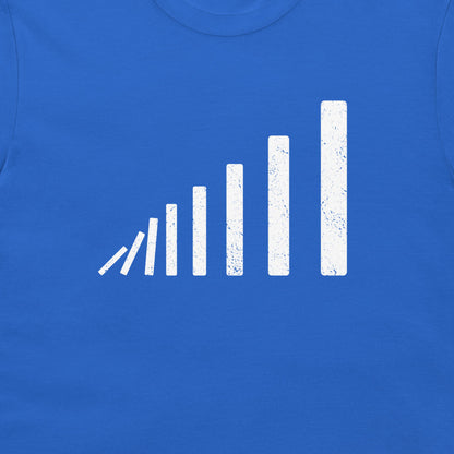 A close-up of a minimal physics-inspired T-shirt – domino sequence in perspective, white print on royal blue shirt.
