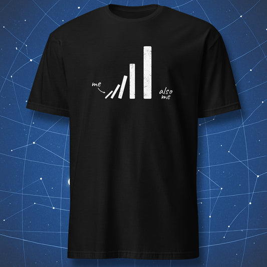 Funny minimal T-shirt with domino effect labeled ‘me’ and ‘also me,’ white distressed print on black shirt.