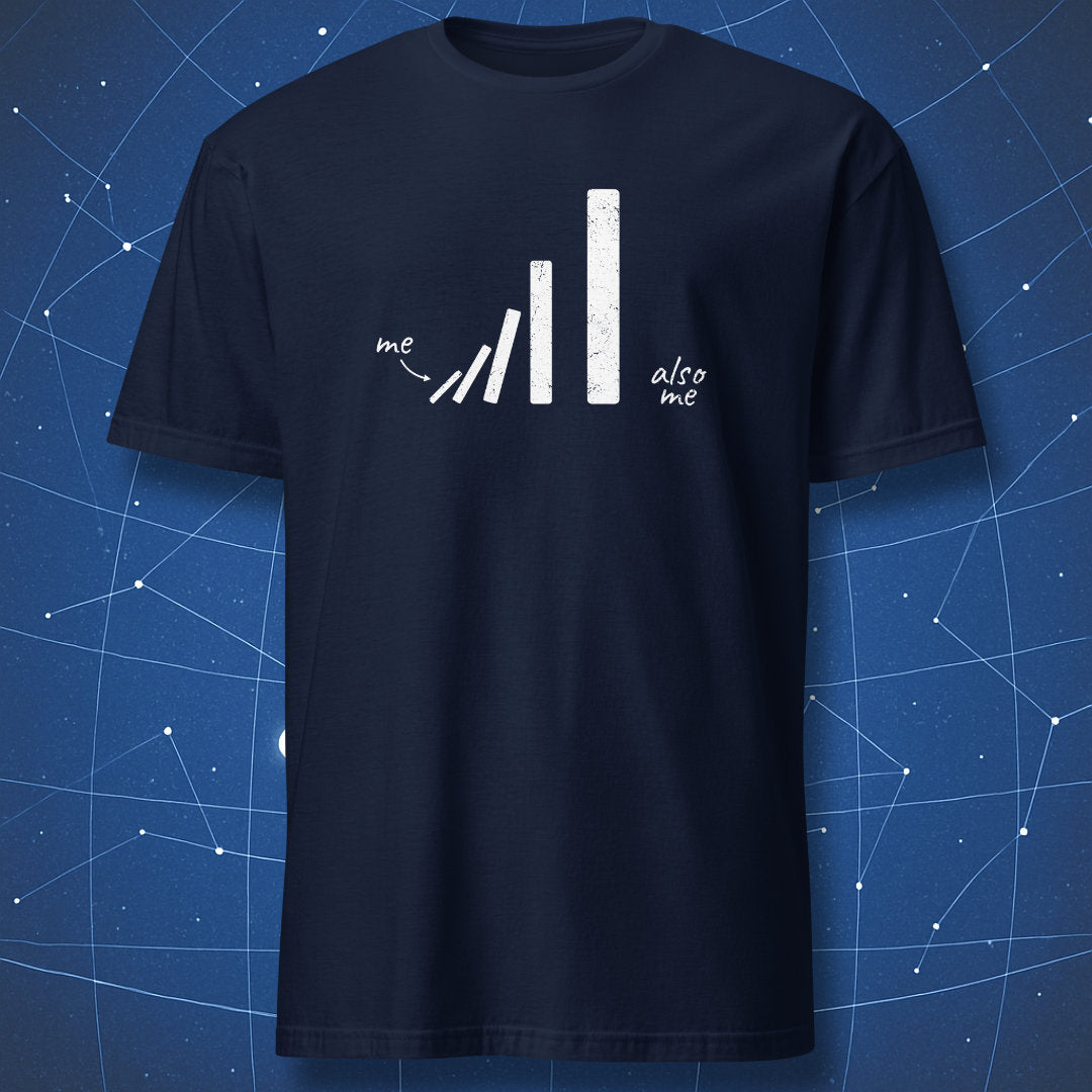Minimal domino humor T-shirt – ‘me’ and ‘also me’ captioned design, white print on navy blue shirt.