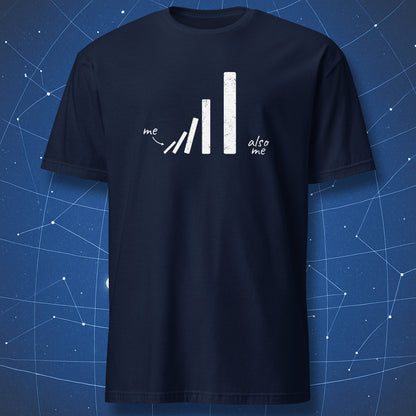 Minimal domino humor T-shirt – ‘me’ and ‘also me’ captioned design, white print on navy blue shirt.