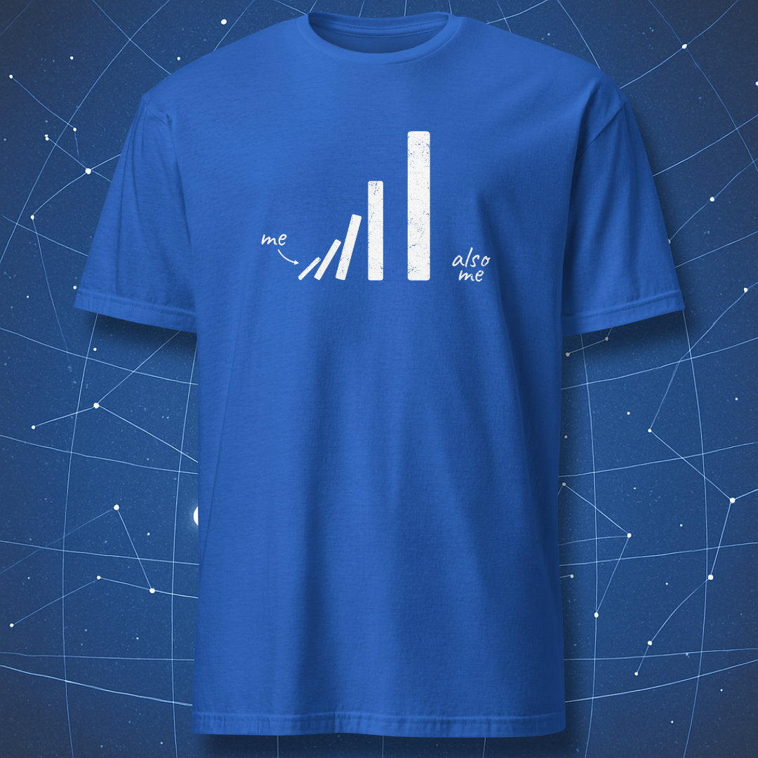 Playful domino effect T-shirt with text ‘me’ and ‘also me,’ white minimalist print on royal blue shirt.