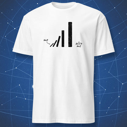 Black domino design with ‘me’ and ‘also me’ text, minimalist self-aware humor on white T-shirt.