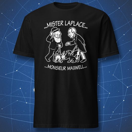 Laplace and Maxwell cartoon T-shirt – two scientists meeting with their demons, white chalk-style print on black shirt.