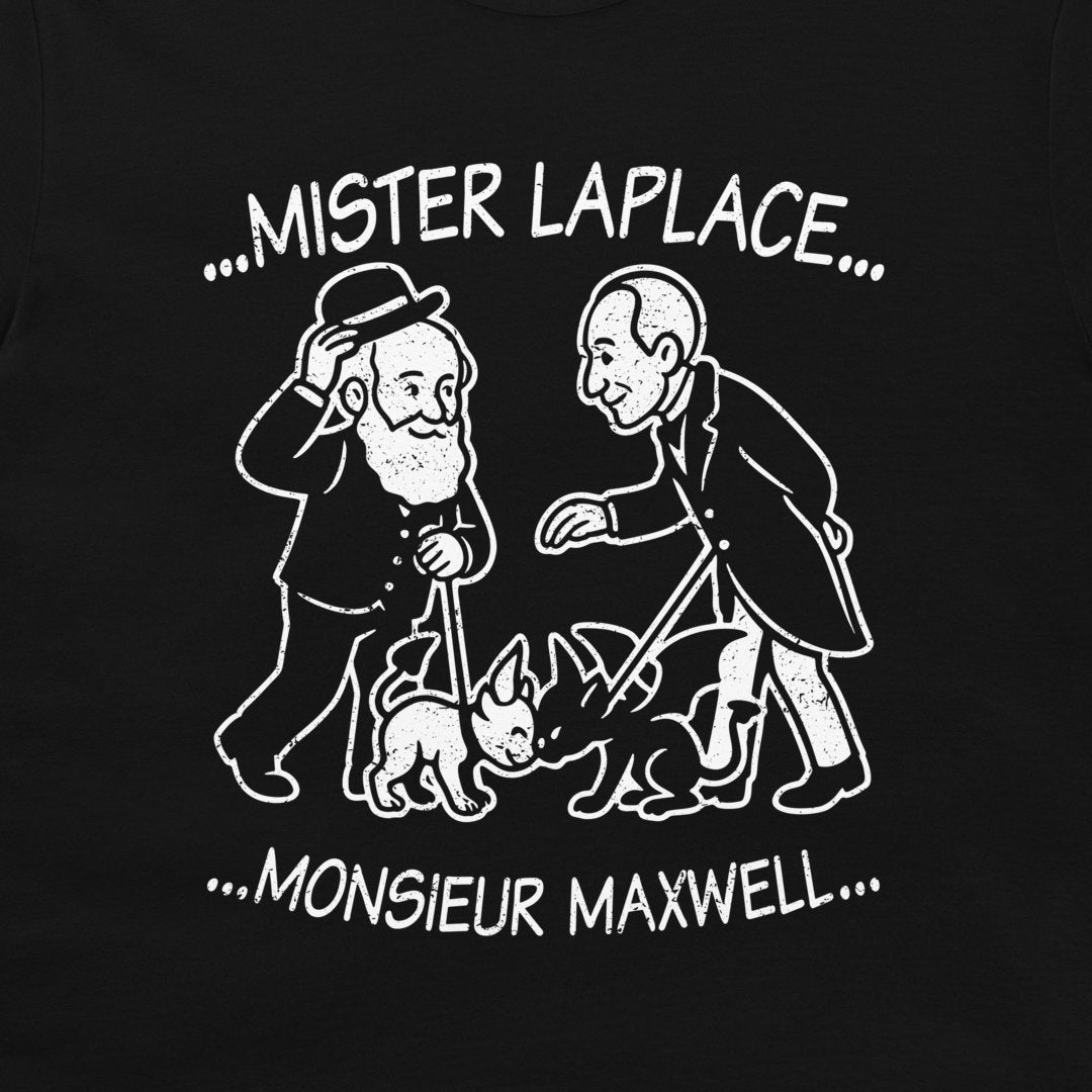 A close-up of Laplace and Maxwell cartoon T-shirt – two scientists meeting with their demons, white chalk-style print on black shirt.