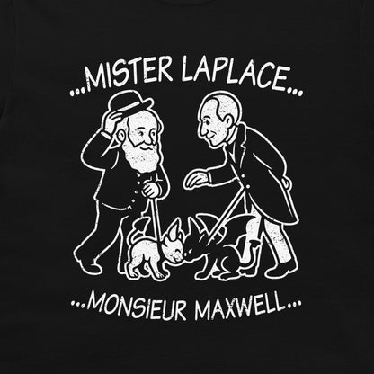 A close-up of Laplace and Maxwell cartoon T-shirt – two scientists meeting with their demons, white chalk-style print on black shirt.