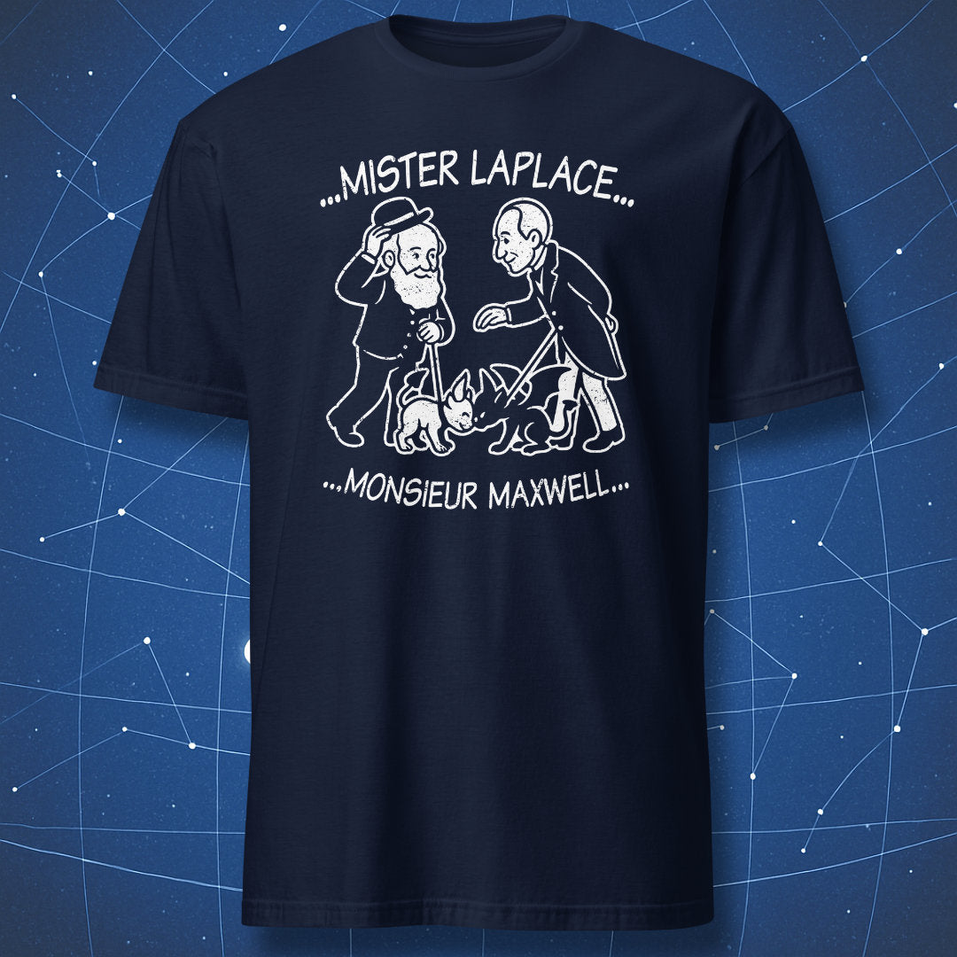 Funny science T-shirt showing Laplace’s Demon and Maxwell’s Demon meeting, white minimalist print on navy shirt.