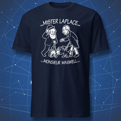 Funny science T-shirt showing Laplace’s Demon and Maxwell’s Demon meeting, white minimalist print on navy shirt.