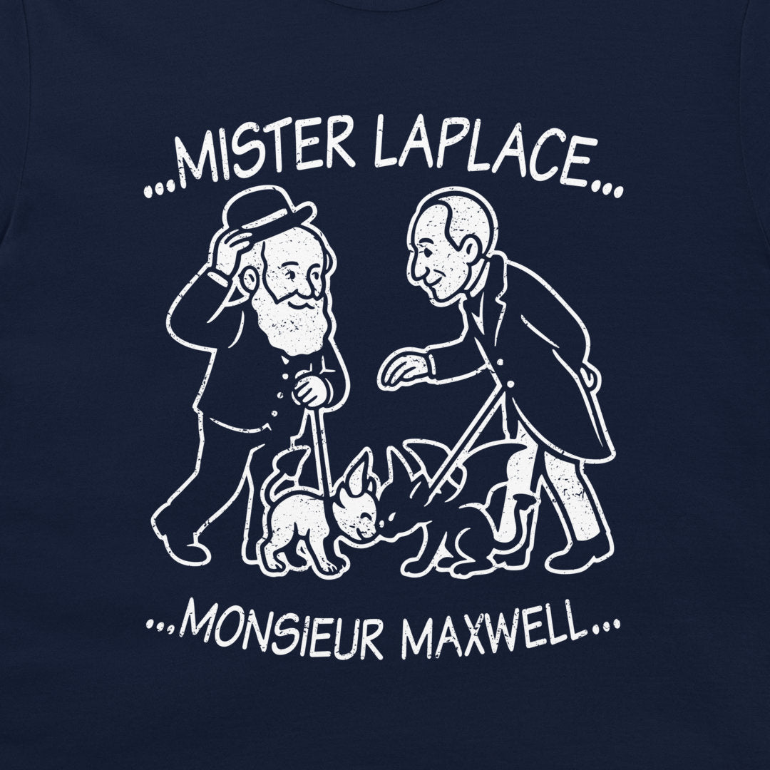 A close-up of a funny science T-shirt showing Laplace’s Demon and Maxwell’s Demon meeting, white minimalist print on navy shirt.