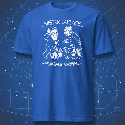 Mister Laplace and Monsieur Maxwell T-shirt – witty illustration of scientists and their demons, white art on royal blue shirt.