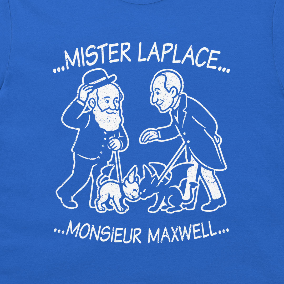 A close-up of Mister Laplace and Monsieur Maxwell T-shirt – witty illustration of scientists and their demons, white art on royal blue shirt.