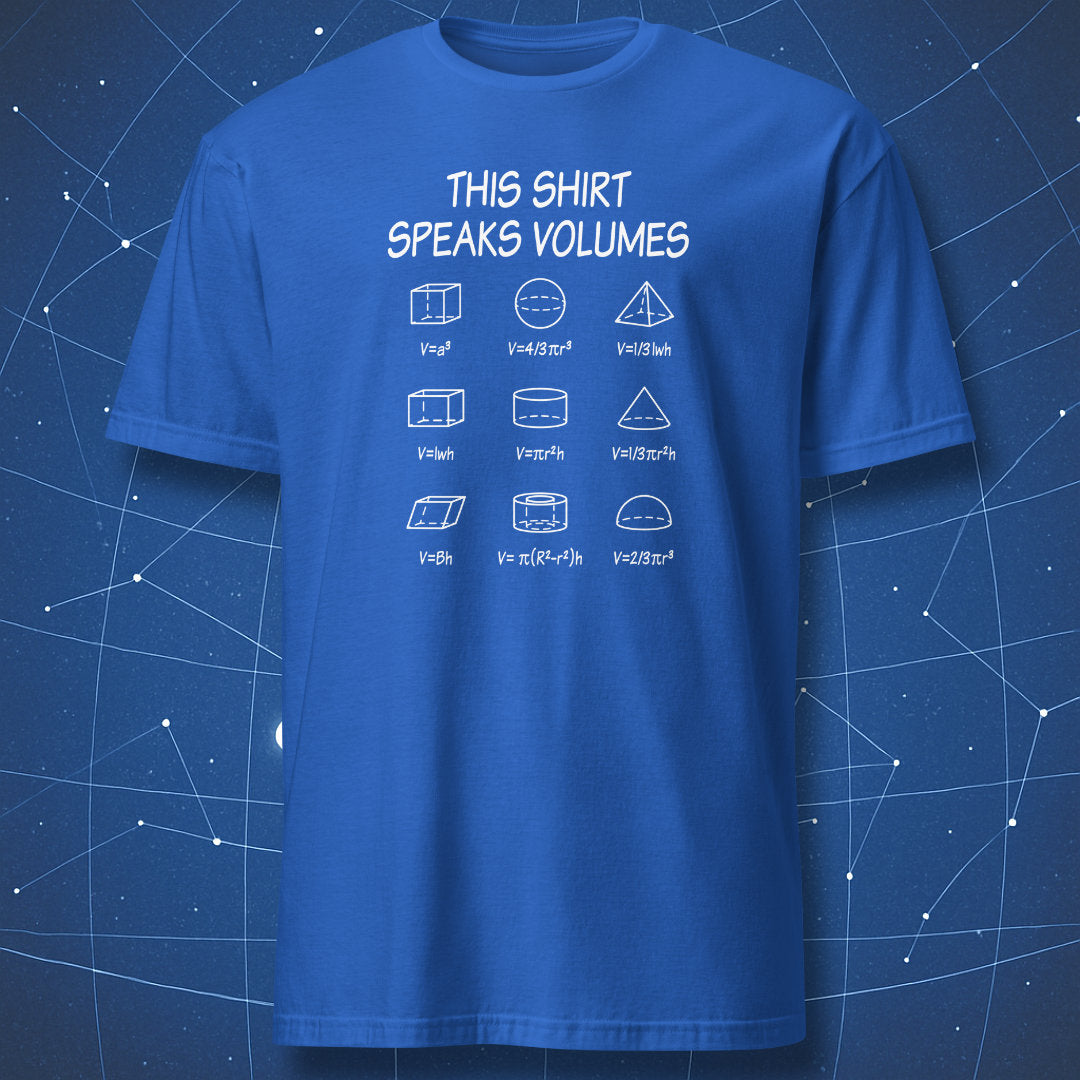Geeky geometry pun T-shirt with cube, sphere, cone, and cylinder formulas, white design on royal blue shirt.