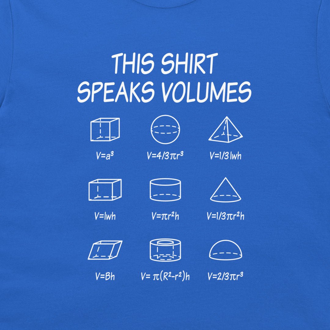 A close-up of a blue t-shirt featuring a white graphic print that reads 'THIS SHIRT SPEAKS VOLUMES' above a grid of geometric shapes and their volume formulas.