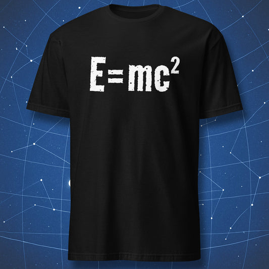 E=mc² T-shirt – white distressed Einstein equation print on black shirt.