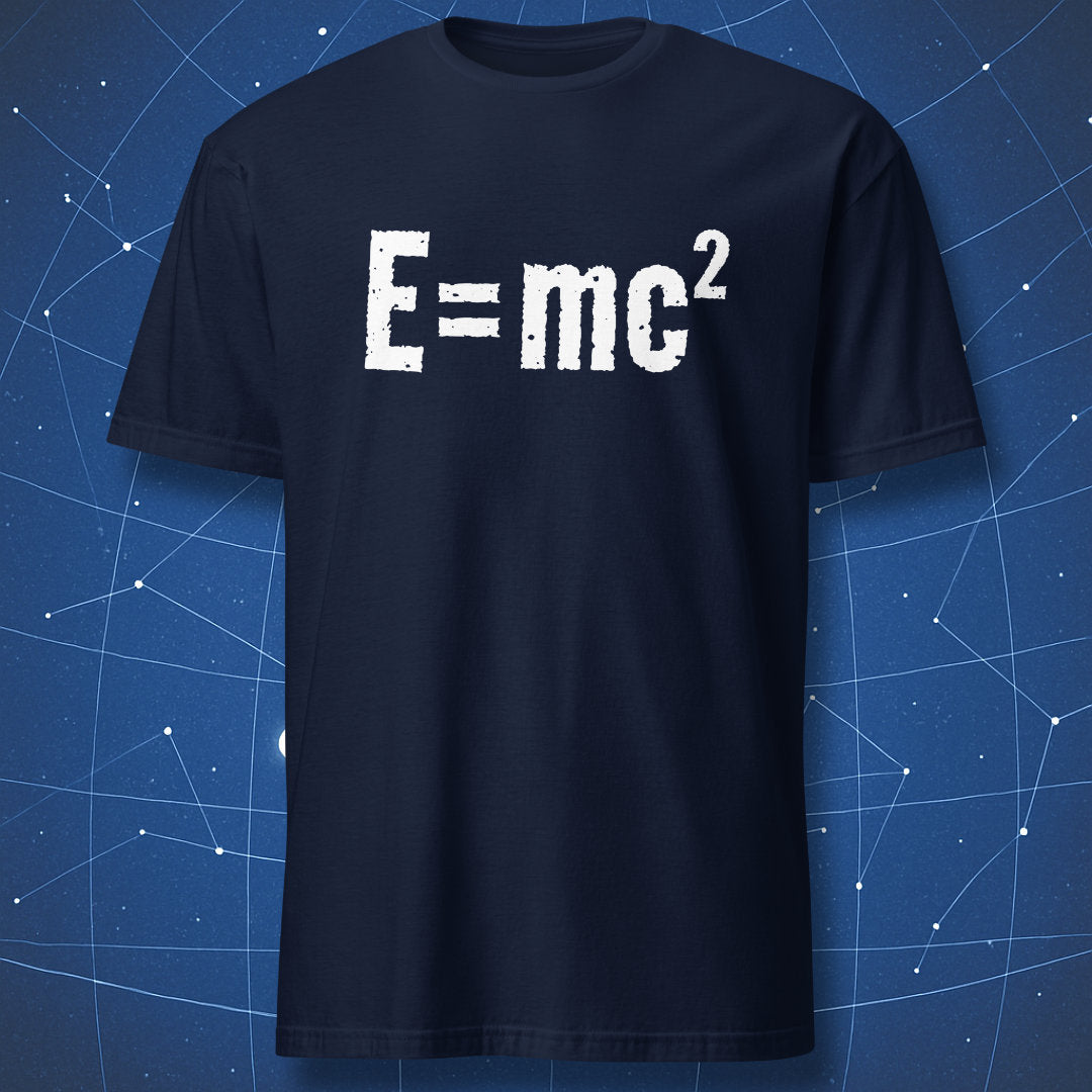 Minimalist science T-shirt showing E=mc² in white text on navy background.