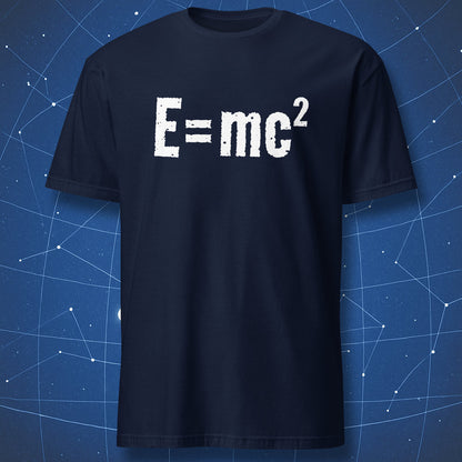 Minimalist science T-shirt showing E=mc² in white text on navy background.