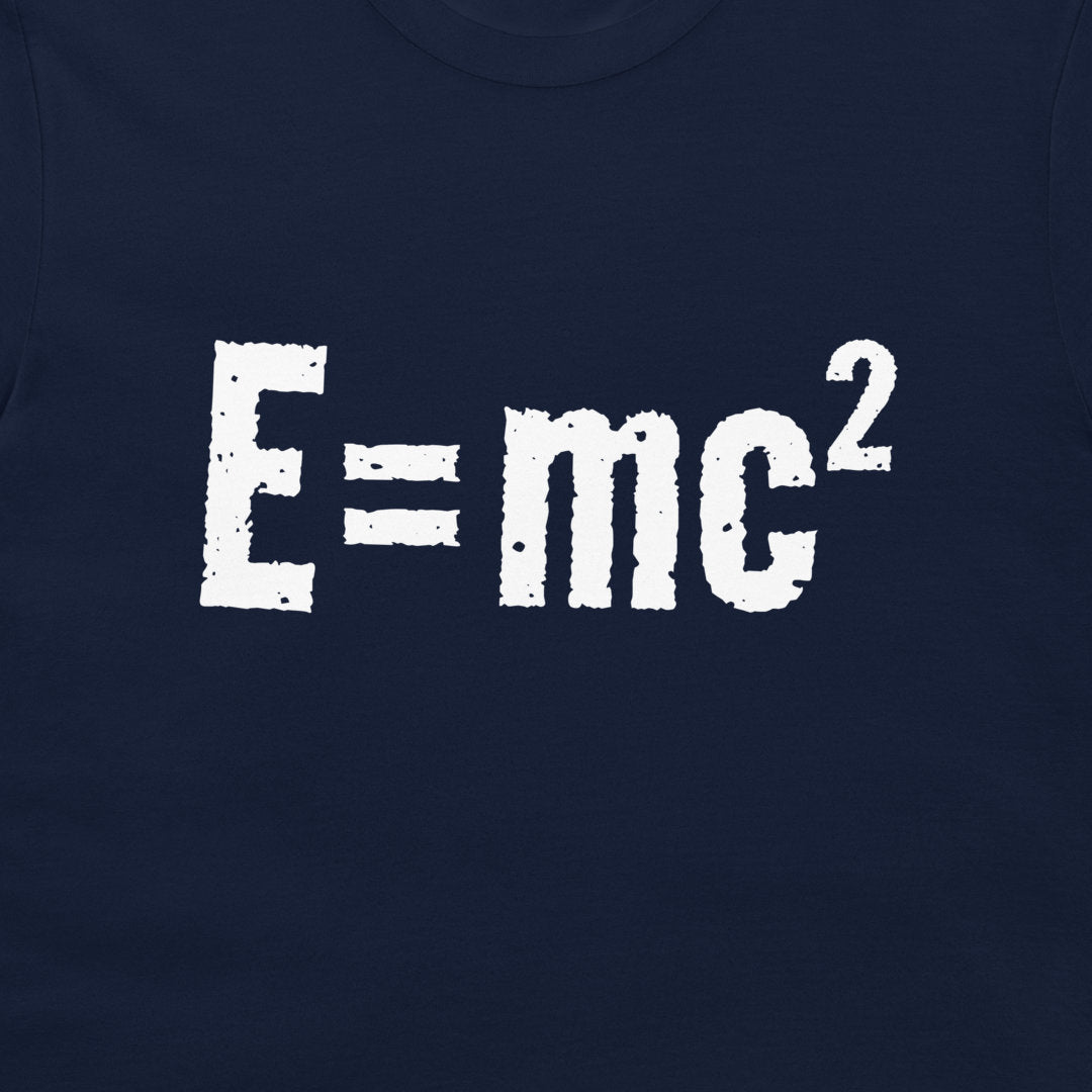 Close-up of a navy blue T-shirt with a large distressed white print of the equation E=mc² on the chest.