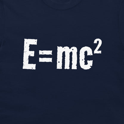 Close-up of a navy blue T-shirt with a large distressed white print of the equation E=mc² on the chest.