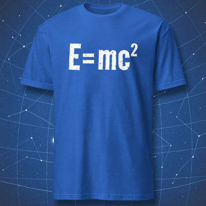 Bold E=mc² design, white print on royal blue T-shirt for physics lovers.