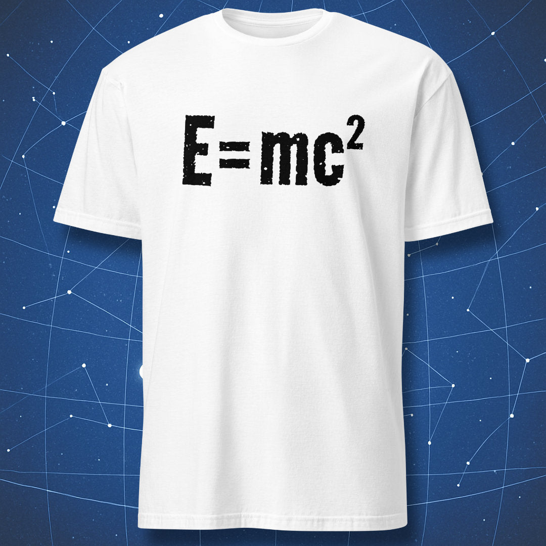 Einstein equation T-shirt – black E=mc² print on white cotton shirt.